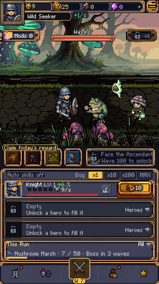 The game running: the Battle tab, with the five tabs of the bottom bar