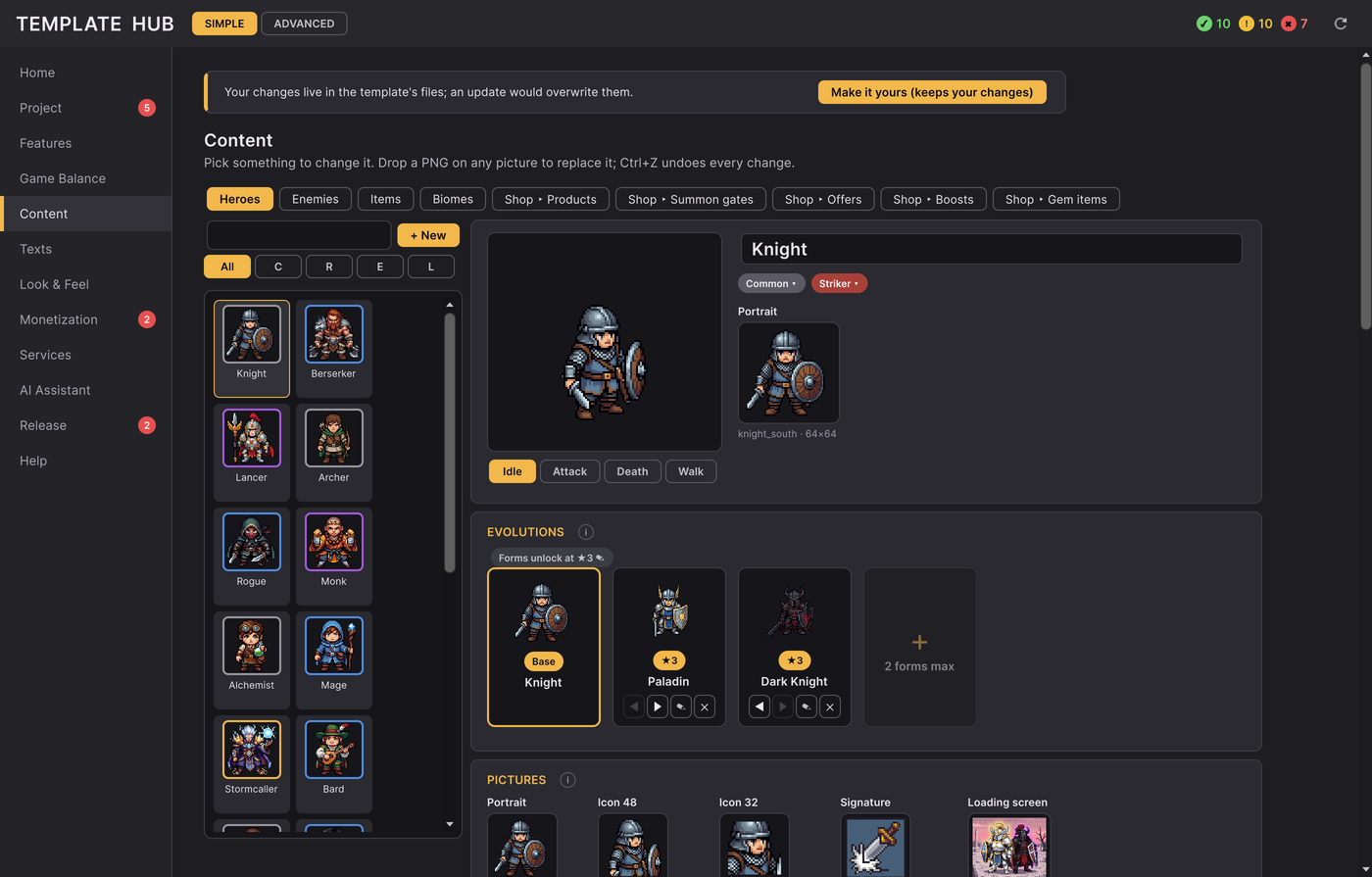 Hub: Content, the Heroes list and a hero's fields