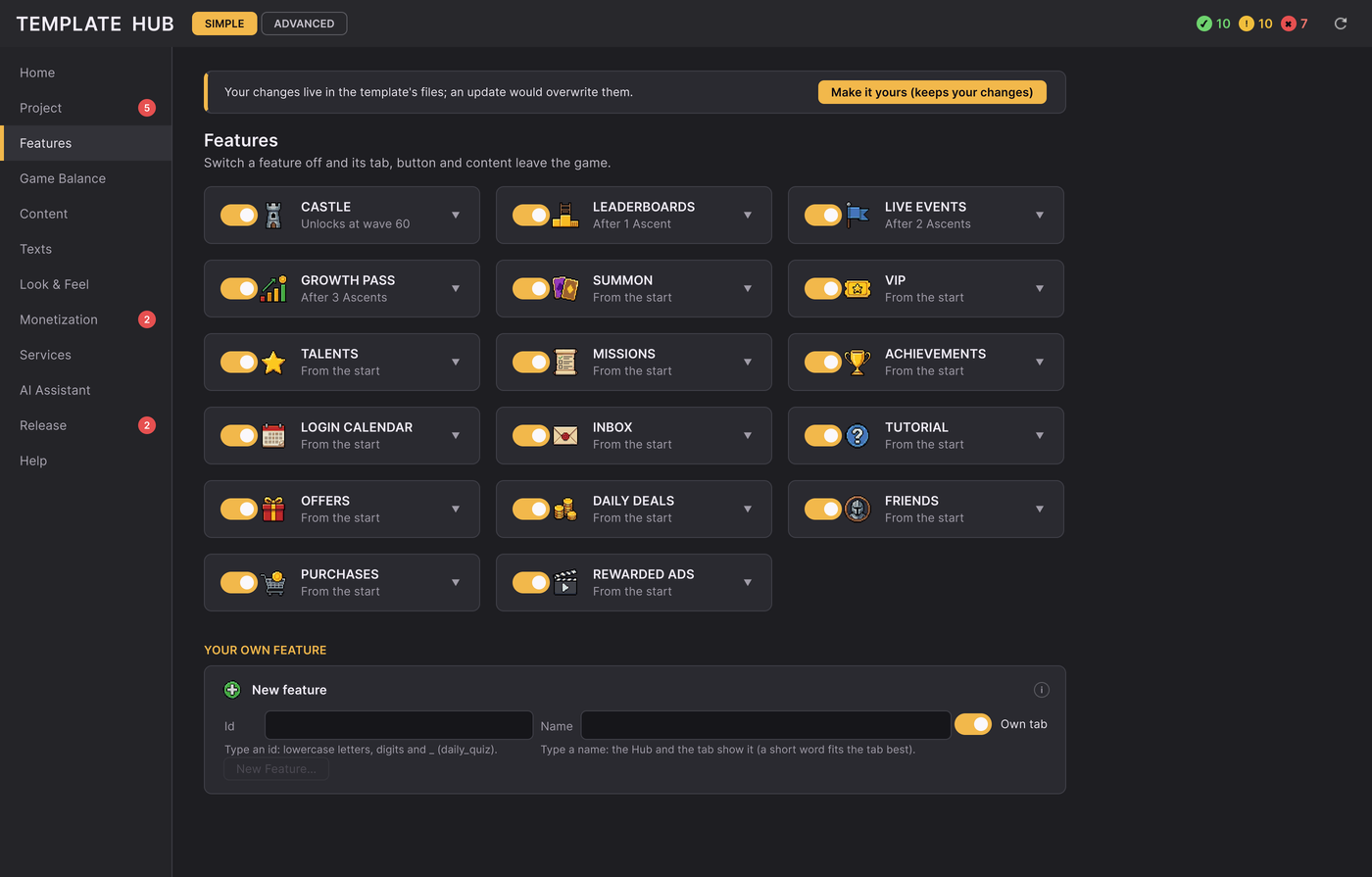 Hub: Features, one card per feature