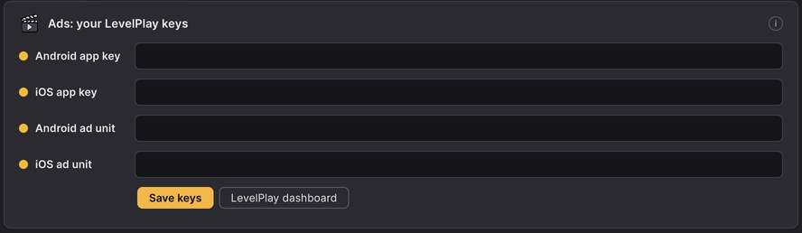 Hub: Monetization, the LevelPlay ad keys