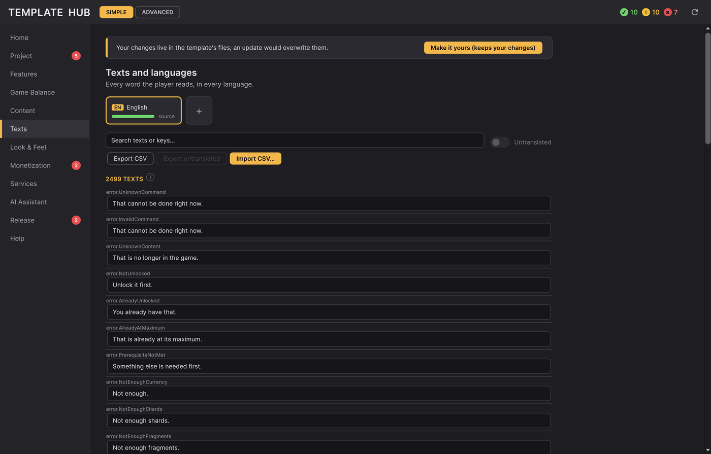Hub: Texts, the text table and Add a language